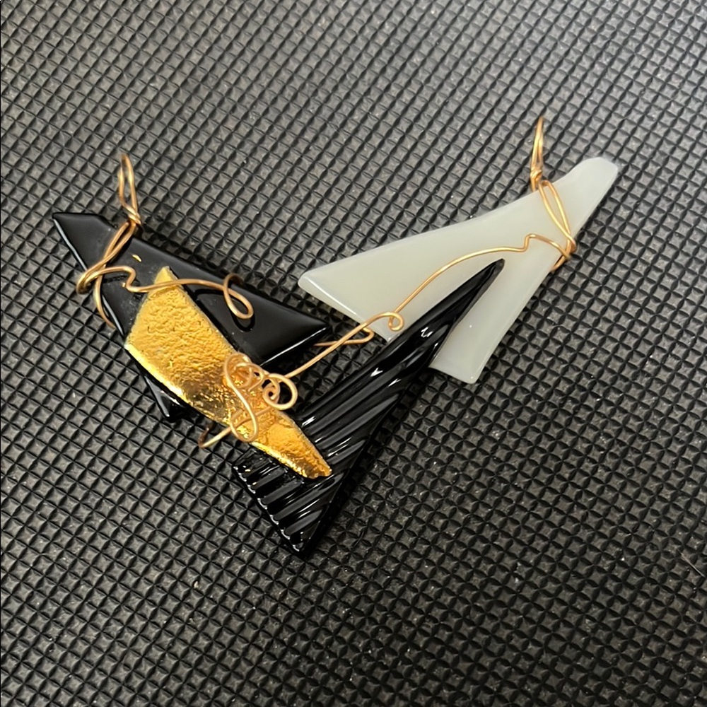 Asymmetric Black, White and Gold Fused Glass Pendant